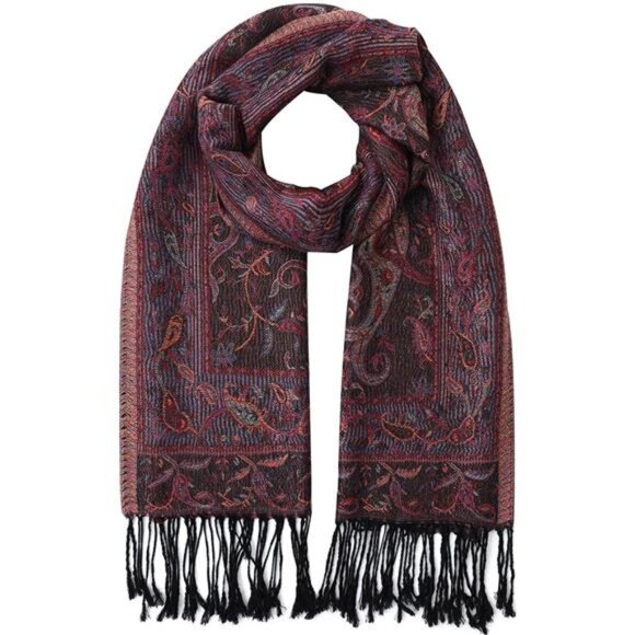 Womens Paisley Pattern Scarf with Fringes Pink Black - Picture 2 of 3